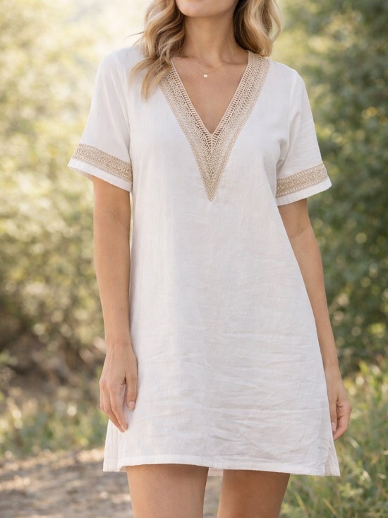 Dresses & Skirts - White Boho Tunic Dress Size S | Lace Trim V Neck Summer Casual